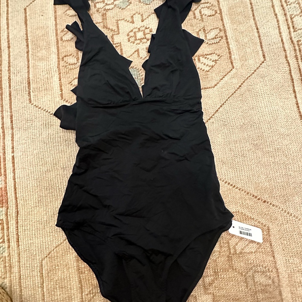 Suki Cohen black one piece swimsuit size M cute detail on the back